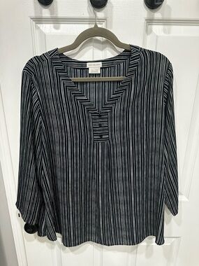 Van Heusen Navy Blue & White Striped V-Neck Women's Top